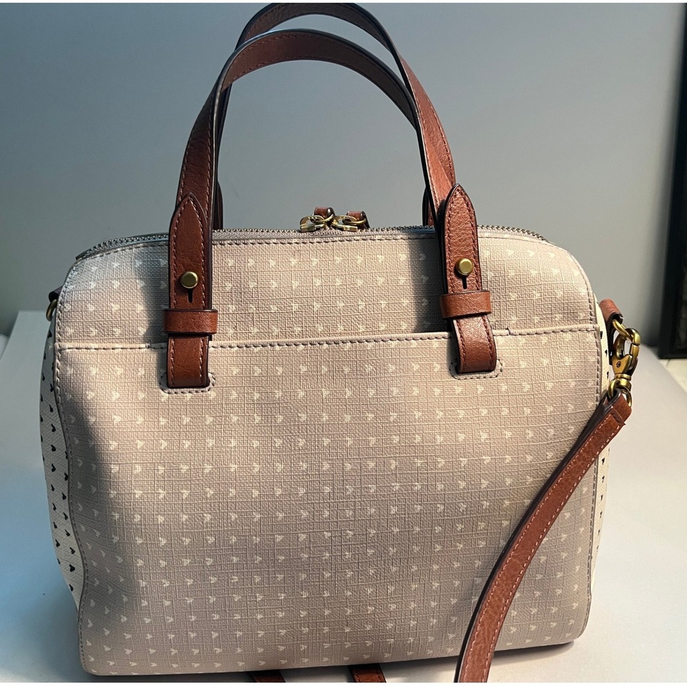 Fossil Rachel Satchel Handbag Crossbody Leather Handles Heart Print - Picture 3 of 13